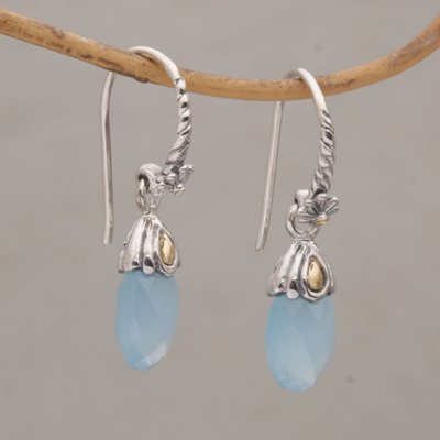 Gold accented chalcedony dangle earrings, 'Floral Drop in Light Blue' - Light Blue Chalcedony Sterling Silver Dangle Earrings