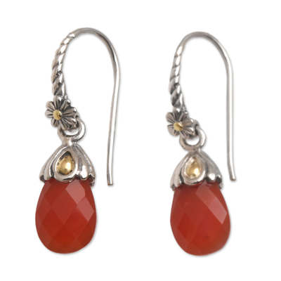 Gold accented chalcedony dangle earrings, 'Floral Drop in Orange' - Orange Chalcedony Sterling Silver Dangle Earrings from Bali