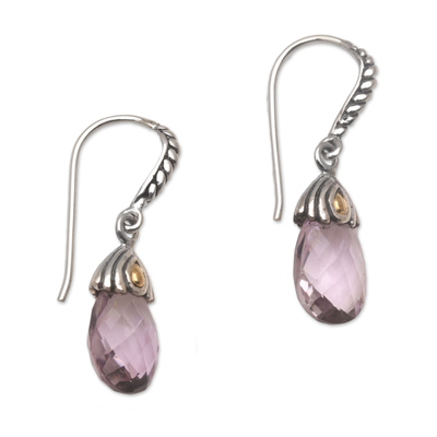 Gold accented amethyst dangle earrings, 'Floral Essence' - Handmade Amethyst Sterling Silver Dangle Earrings