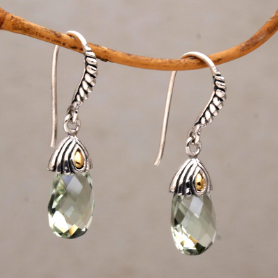 Gold accented prasiolite dangle earrings, 'Floral Drop' - Prasiolite and Gold Accented Sterling Silver Dangle Earrings