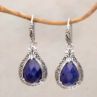 Sapphire dangle earrings, 'Floral Queen' - Sapphire and Sterling Silver Dangle Earrings from Bali