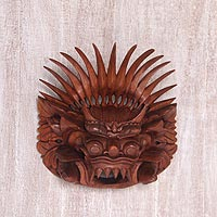 Wood mask, 'King Barong' - Hand Carved Suar Wood Wall Mask from Indonesia