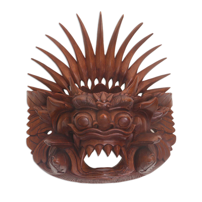 Wood mask, 'King Barong' - Hand Carved Suar Wood Wall Mask from Indonesia