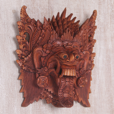 Wood mask, 'Demon Queen' - Hand Carved Suar Wood Wall Mask from Bali