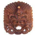 Wood mask, 'Great Barong' - Hand Carved Suar Wood Wall Mask from Indonesia