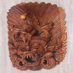 Wood mask, 'Great Barong' - Hand Carved Suar Wood Wall Mask from Indonesia
