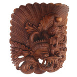 Wood mask, 'Great Barong' - Hand Carved Suar Wood Wall Mask from Indonesia