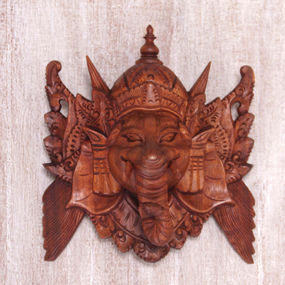 Máscara de madera - Máscara de pared de Ganesha de madera de suar tallada a mano de Indonesia