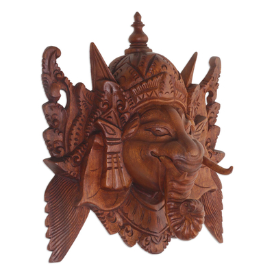 Holzmaske - Handgeschnitzte Ganesha-Wandmaske aus Suar-Holz aus Indonesien