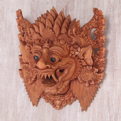 Wood mask, 'Great Protector' - Hand Carved Suar Wood Wall Mask from Bali