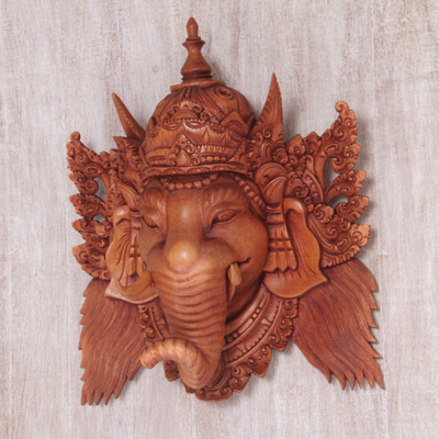 Wood mask, 'Balinese Ganesha' - Hand Carved Suar Wood Ganesha Wall Mask from Bali