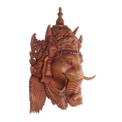 Holzmaske - Handgeschnitzte Ganesha-Wandmaske aus Suar-Holz aus Bali