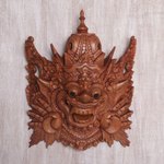 Wood wall mask, 'Bhoma Guardian' - Hand Carved Suar Wood Bhoma Wall Mask from Indonesia