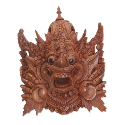 Wood wall mask, 'Bhoma Guardian' - Hand Carved Suar Wood Bhoma Wall Mask from Indonesia