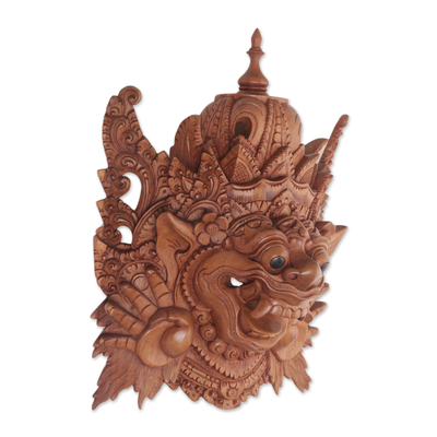 Wood wall mask, 'Bhoma Guardian' - Hand Carved Suar Wood Bhoma Wall Mask from Indonesia