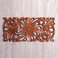 Wood wall relief panel, 'Majestic Flowers' - Hand Carved Suar Wood Floral Wall Panel