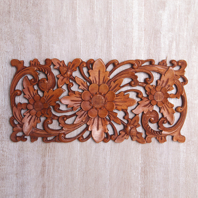 Panel de relieve de pared de madera - Panel de pared floral de madera de suar tallado a mano