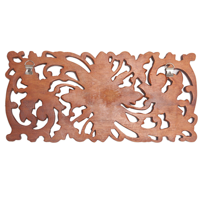 Wood wall relief panel, 'Majestic Flowers' - Hand Carved Suar Wood Floral Wall Panel