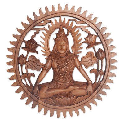 Relief-Wandpaneel aus Holz, „Lord Shiva“ – handgeschnitztes Shiva-Wandpaneel aus Suar-Holz