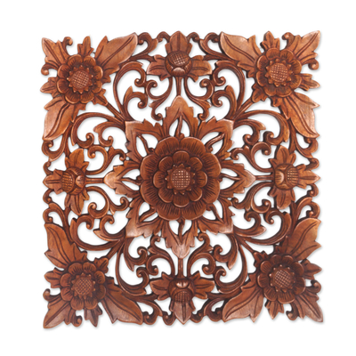 Wood wall relief panel, 'Floral Adornment' - Hand Carved Suar Wood Floral Wall Relief Panel