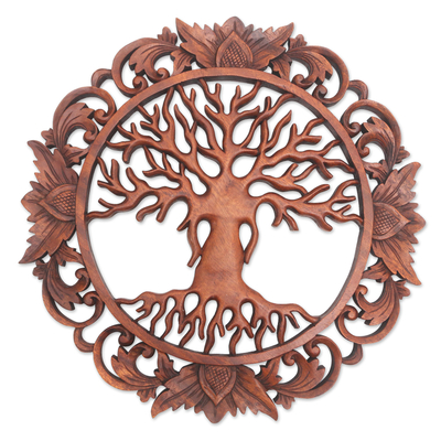 Wood wall relief panel, 'Tree Roots' - Hand Carved Suar Wood Tree Relief Panel from Bali
