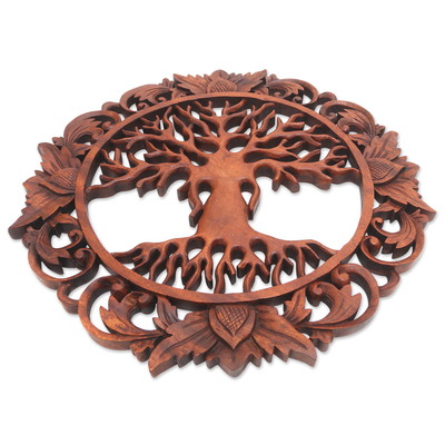 Wood wall relief panel, 'Tree Roots' - Hand Carved Suar Wood Tree Relief Panel from Bali