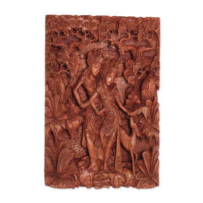 Wood relief panel, 'Ramayana Lovers' - Hand Carved Suar Wood Wall Relief Panel from Indonesia