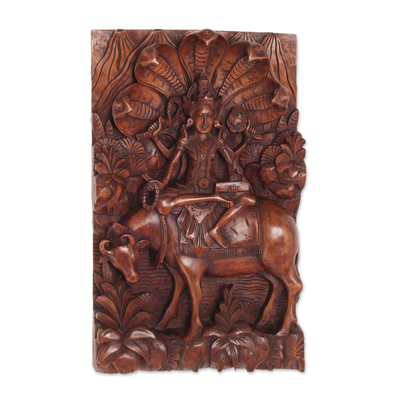 Wood wall relief panel, 'Goddess Sri' - Hand Carved Suar Wood Wall Relief Panel from Indonesia
