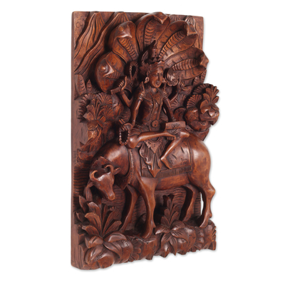 Wood wall relief panel, 'Goddess Sri' - Hand Carved Suar Wood Wall Relief Panel from Indonesia