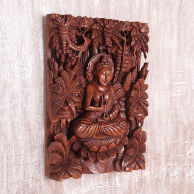 Reliefplatte aus Holz - Handgeschnitzte Suar-Holz-Buddha-Wandreliefplatte