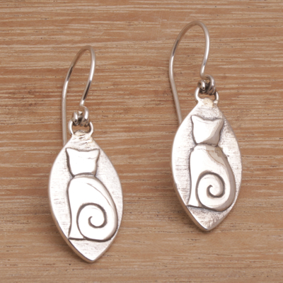 Sterling silver dangle earrings, 'Kitten Pose' - Cat Motif Sterling Silver Dangle Earrings from Bali