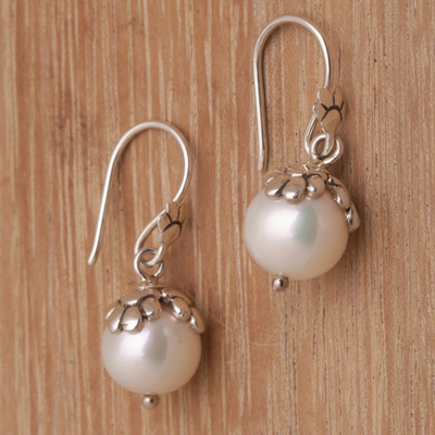 Cultured pearl dangle earrings, 'Moonlit Paws' - Cultured Freshwater Pearl Paw Print Dangle Earrings