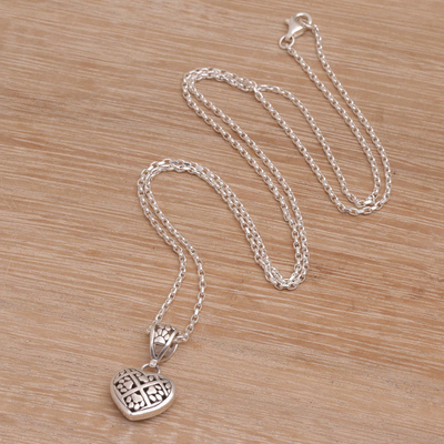 Sterling silver pendant necklace, 'Paws of Love' - Heart Shaped Sterling Silver Paw Print Pendant Necklace