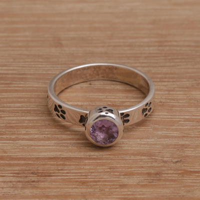 Amethyst single stone ring, 'Pawing Around' - Handmade 925 Sterling Silver Amethyst Cocktail Ring