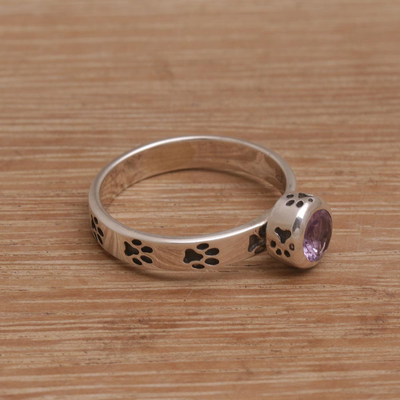 Amethyst single stone ring, 'Pawing Around' - Handmade 925 Sterling Silver Amethyst Cocktail Ring