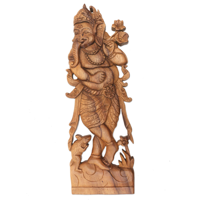 Wood relief panel, 'Ganesha Charm' - Ganesha Hand Carved Wood Relief Panel