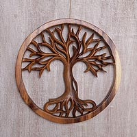 Wood relief panel, 'Radiant Tree' - Hand Carved Suar Wood Tree Round Wall Panel