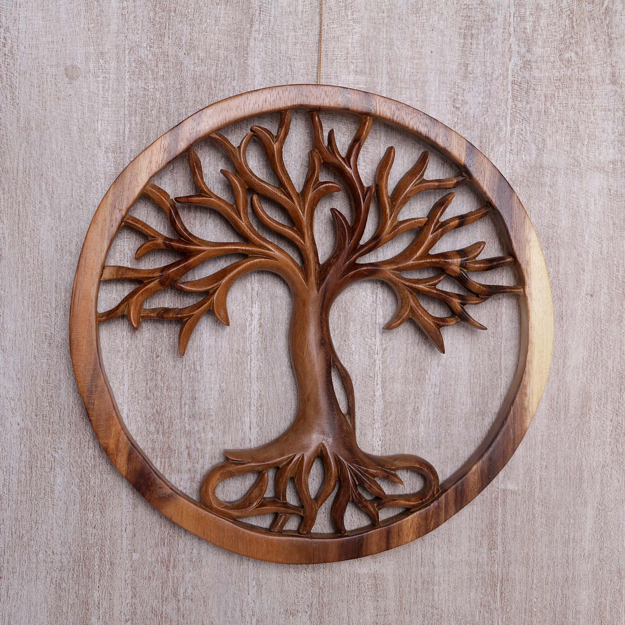 Hand Carved Suar Wood Tree Round Wall Panel - Radiant Tree | NOVICA