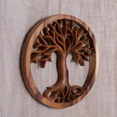 Wood relief panel, 'Radiant Tree' - Hand Carved Suar Wood Tree Round Wall Panel