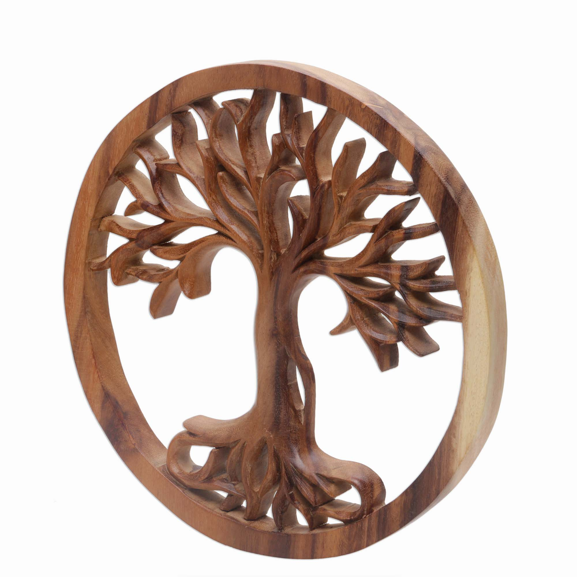 Hand Carved Suar Wood Tree Round Wall Panel - Radiant Tree | NOVICA