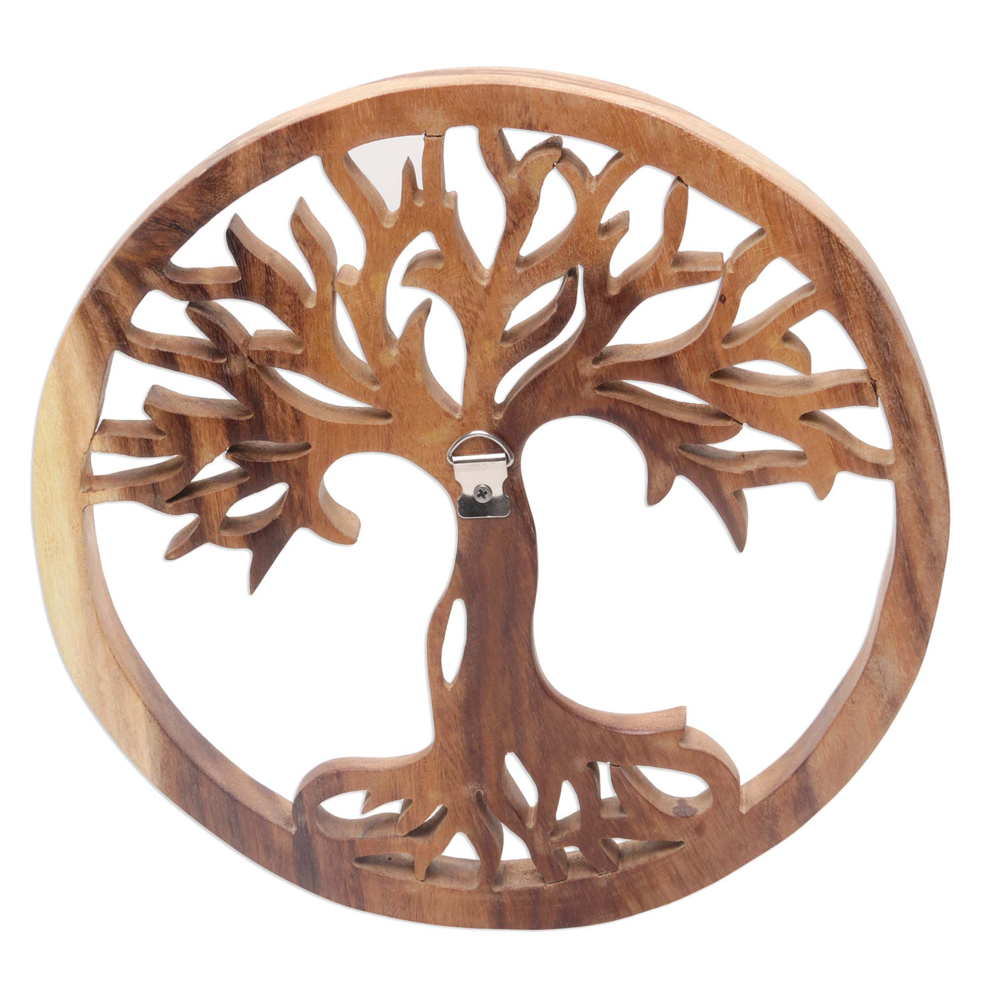 Hand Carved Suar Wood Tree Round Wall Panel - Radiant Tree | NOVICA