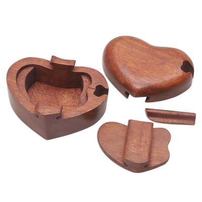 Wood puzzle box, 'All My Love' - Hand Carved Suar Wood Puzzle Heart Box from Bali