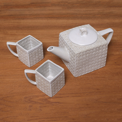 Juego de té de cerámica, (juego para 2) - Juego de té de cerámica blanco texturizado cuadrado de Java