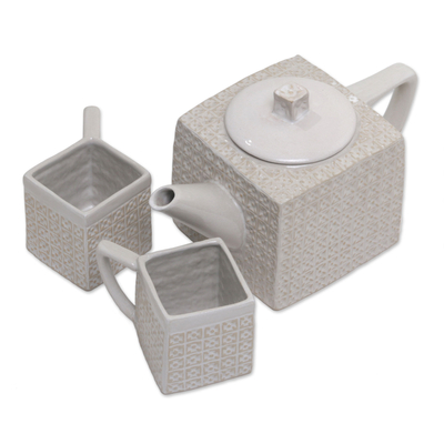 Ceramic tea set, 'White Kawung Wedang' (set for 2) - Textured Square White Ceramic Tea Set from Java