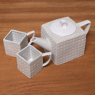 Ceramic tea set, 'White Kawung Wedang' (set for 2) - Textured Square White Ceramic Tea Set from Java