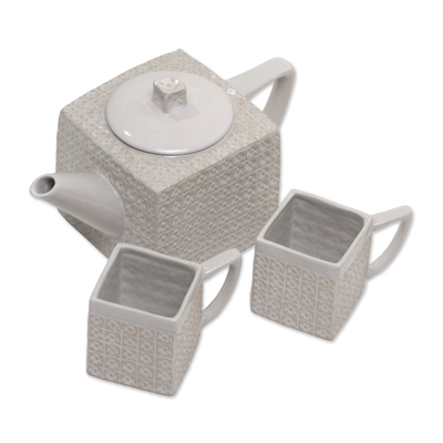 Juego de té de cerámica, (juego para 2) - Juego de té de cerámica blanco texturizado cuadrado de Java