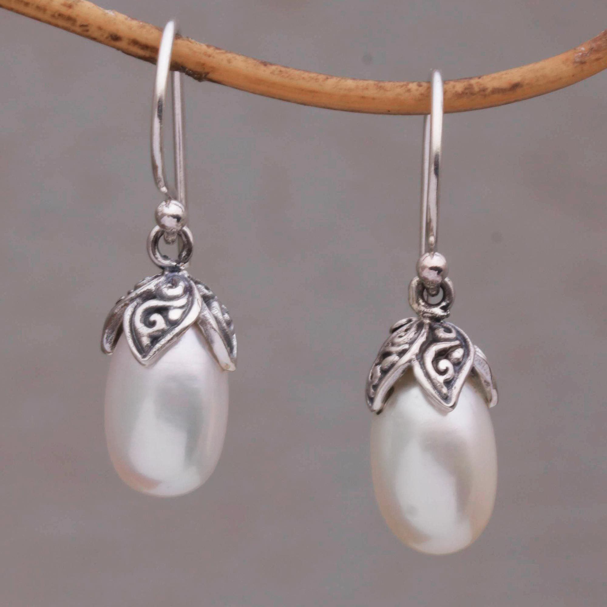 Handmade 925 Sterling Silver Cultured Pearl Dangle Earrings, 'Moonlight  Seeds'