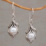 Cultured freshwater pearl dangle earrings, 'Moonlit Petals' - Cultured Freshwater Pearl Dangle Earrings from Bali