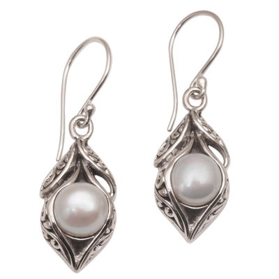Cultured freshwater pearl dangle earrings, 'Moonlit Petals' - Cultured Freshwater Pearl Dangle Earrings from Bali