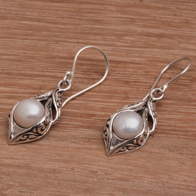 Cultured freshwater pearl dangle earrings, 'Moonlit Petals' - Cultured Freshwater Pearl Dangle Earrings from Bali